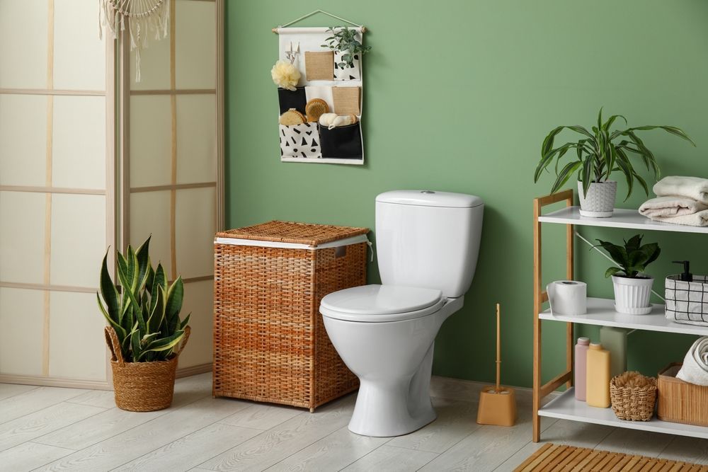 A bathroom with a toilet , wicker basket , shelves and plants.