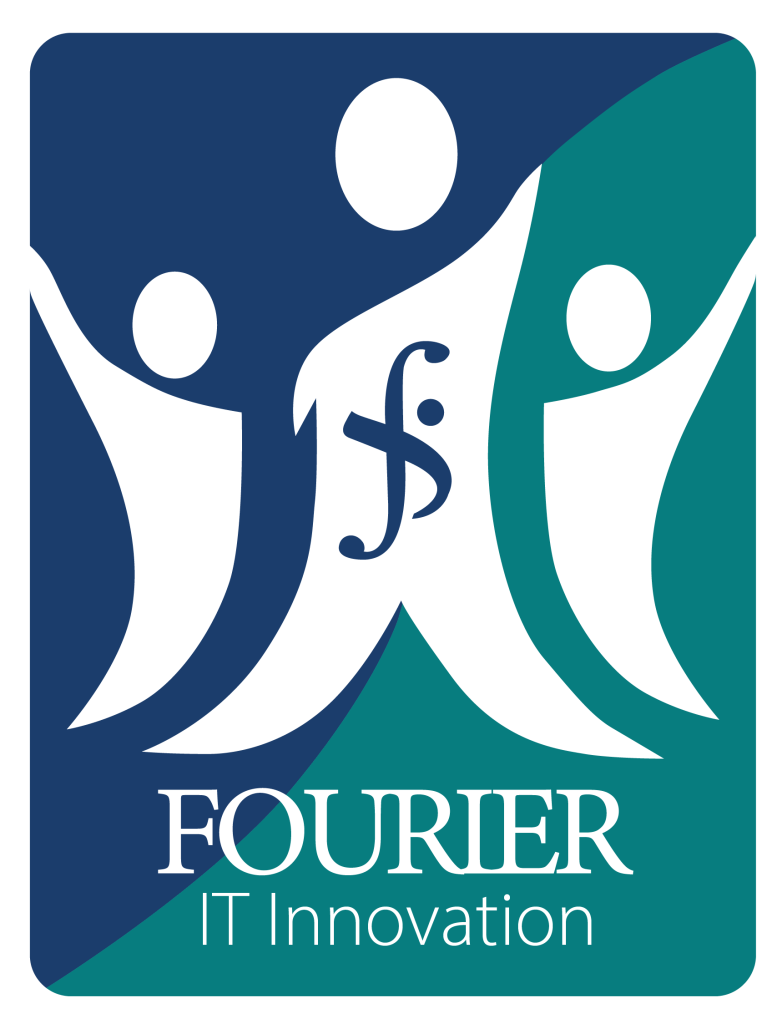 Fourier IT Innovation logo with three abstract figures in blue and teal on a white background