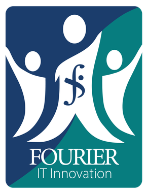 Fourier IT Innovation logo with three abstract figures in blue and teal on a white background