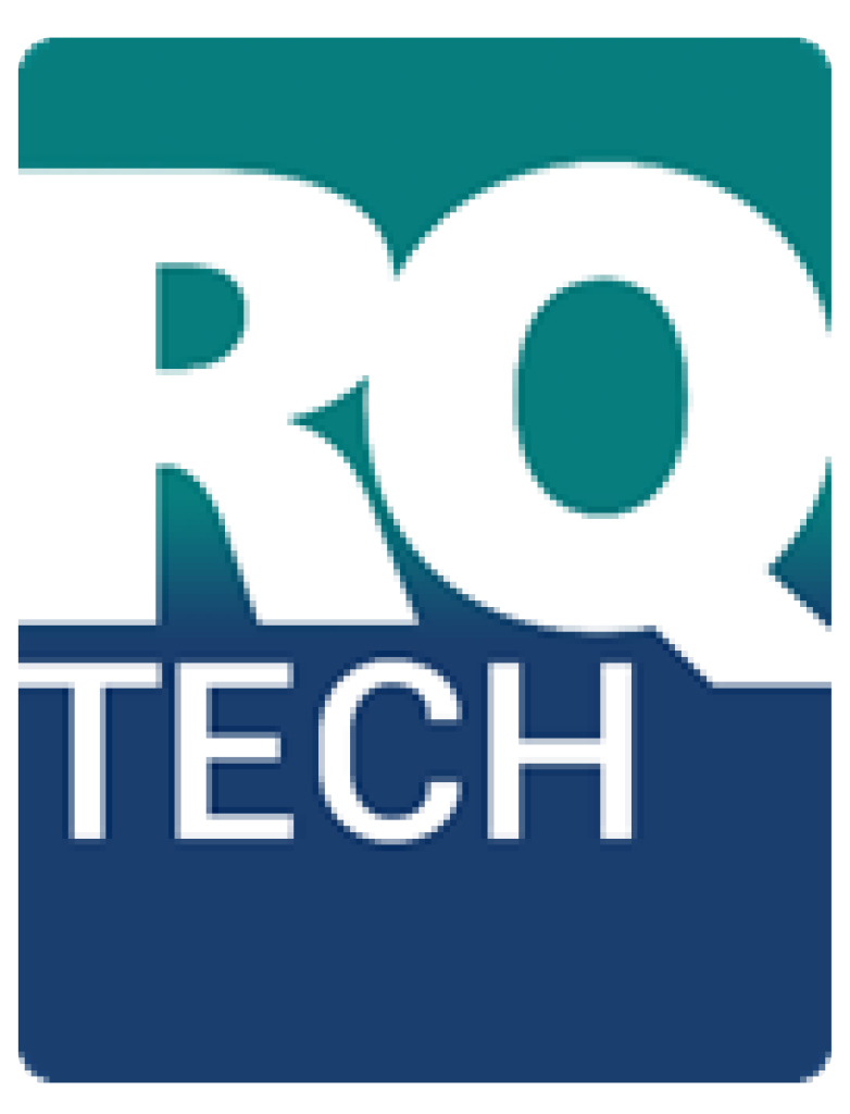 RQ Tech logo in teal, white, and navy blue with bold block lettering