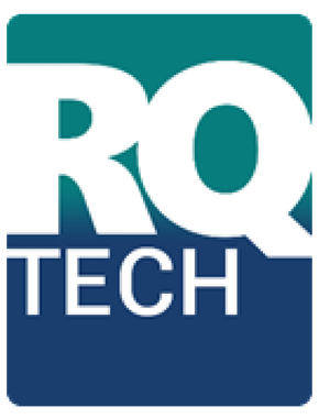 RQ Tech logo in teal, white, and navy blue with bold block lettering