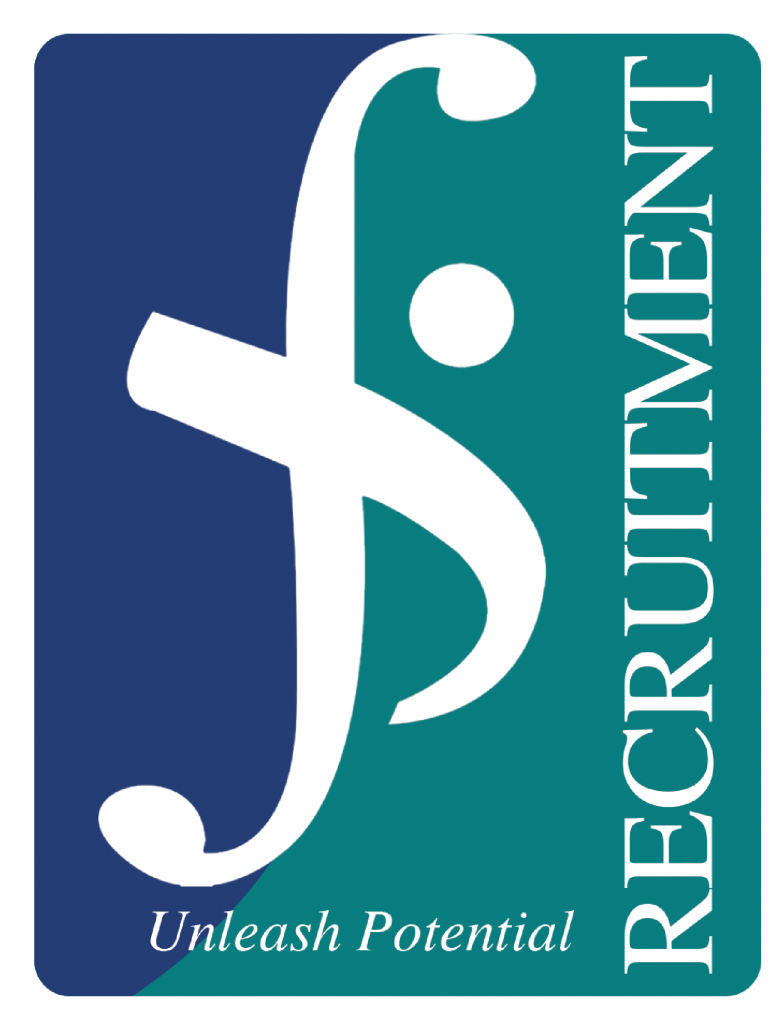 Blue and teal recruitment logo with white abstract figure and the words “RECRUITMENT” and “Unleash Potential”