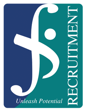 Blue and teal recruitment logo with white abstract figure and the words “RECRUITMENT” and “Unleash Potential”