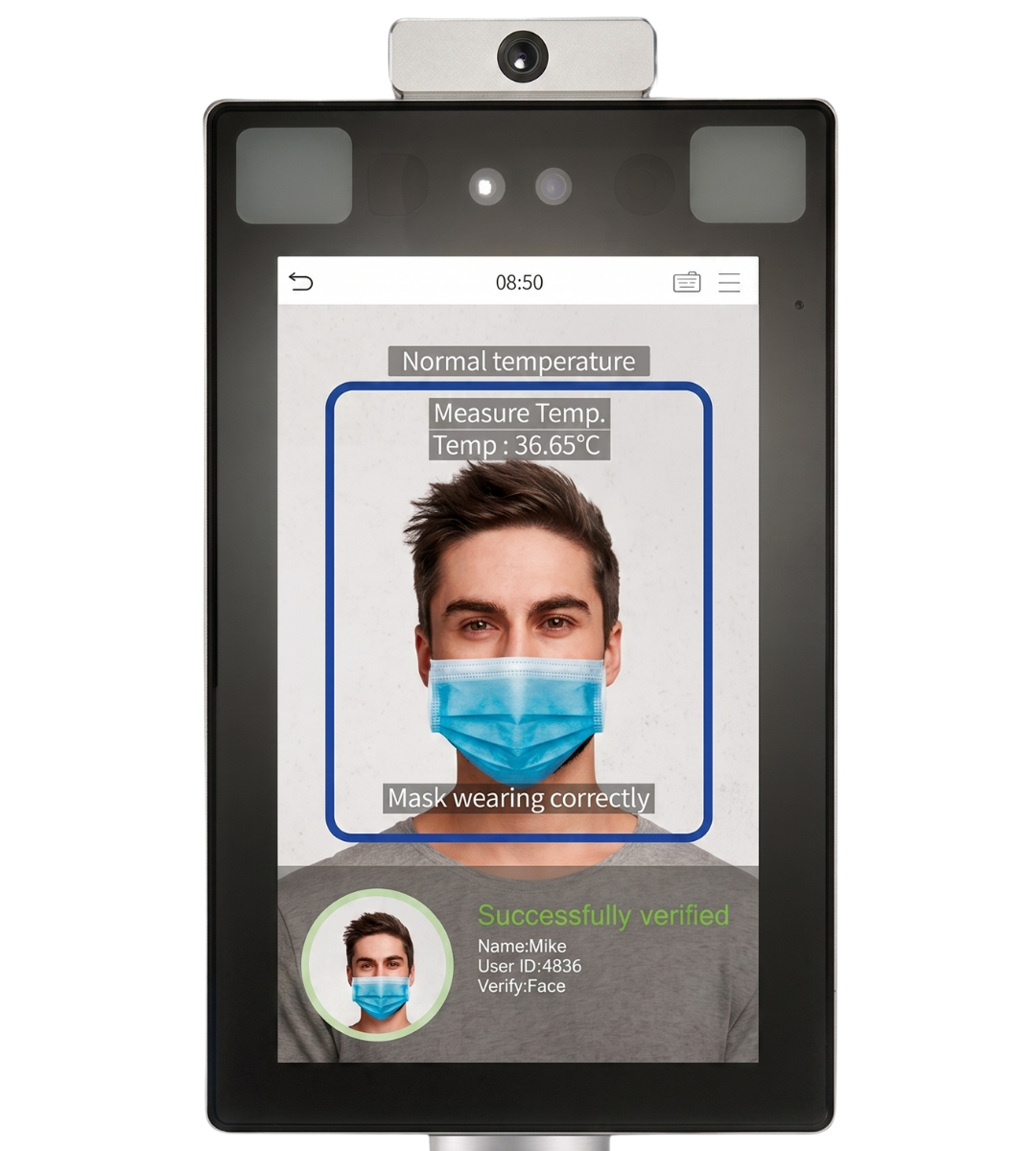 Tablet screen showing a face-scanning app with a man wearing a blue mask and a green “success” result.