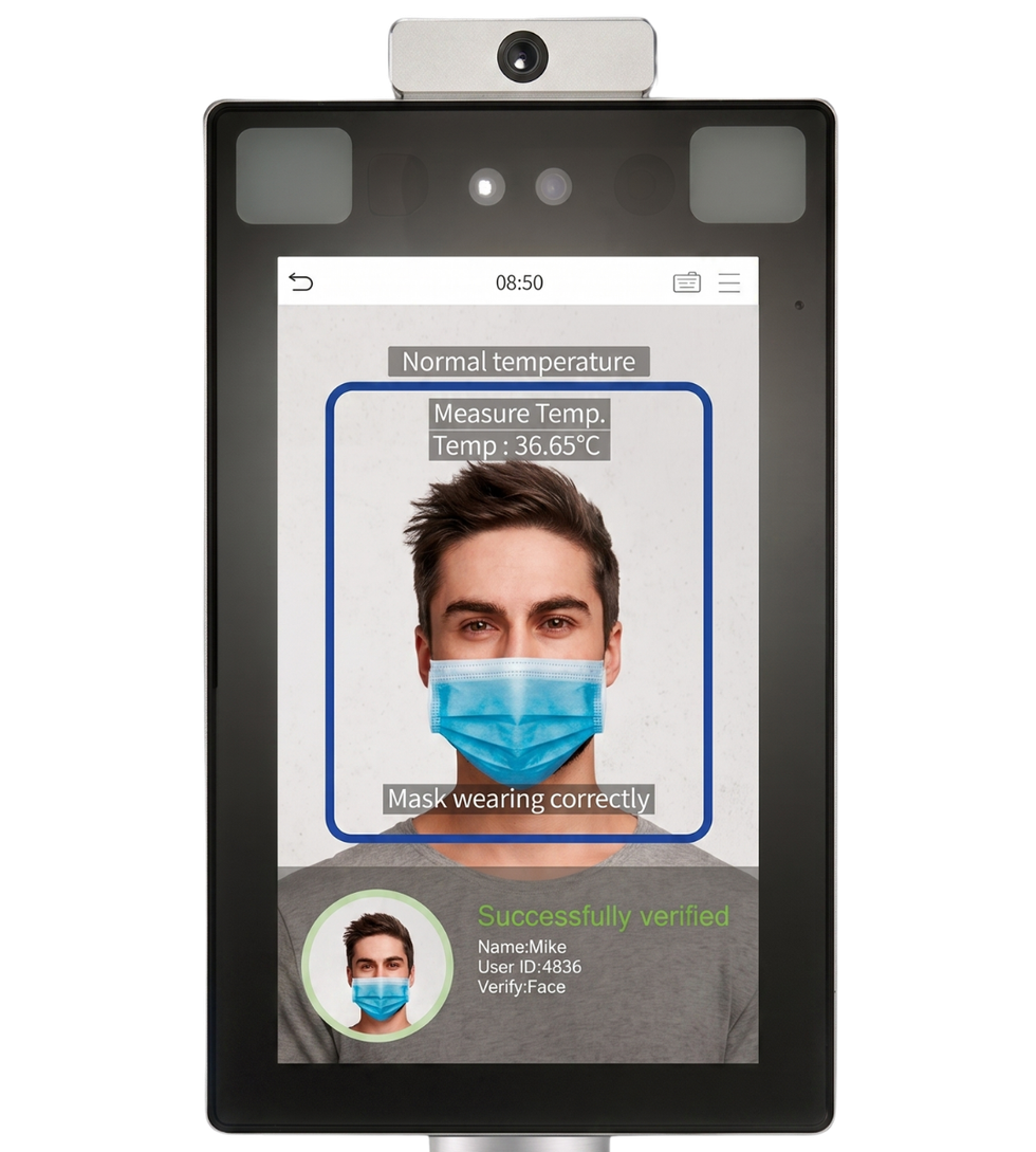Tablet screen showing a face-scanning app with a man wearing a blue mask and a green “success” result.