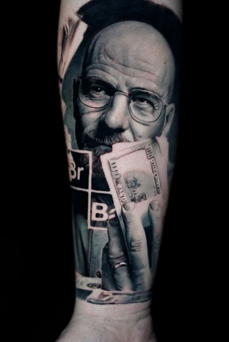 Tattoo of Walter White from Breaking Bad holding money; the letters 