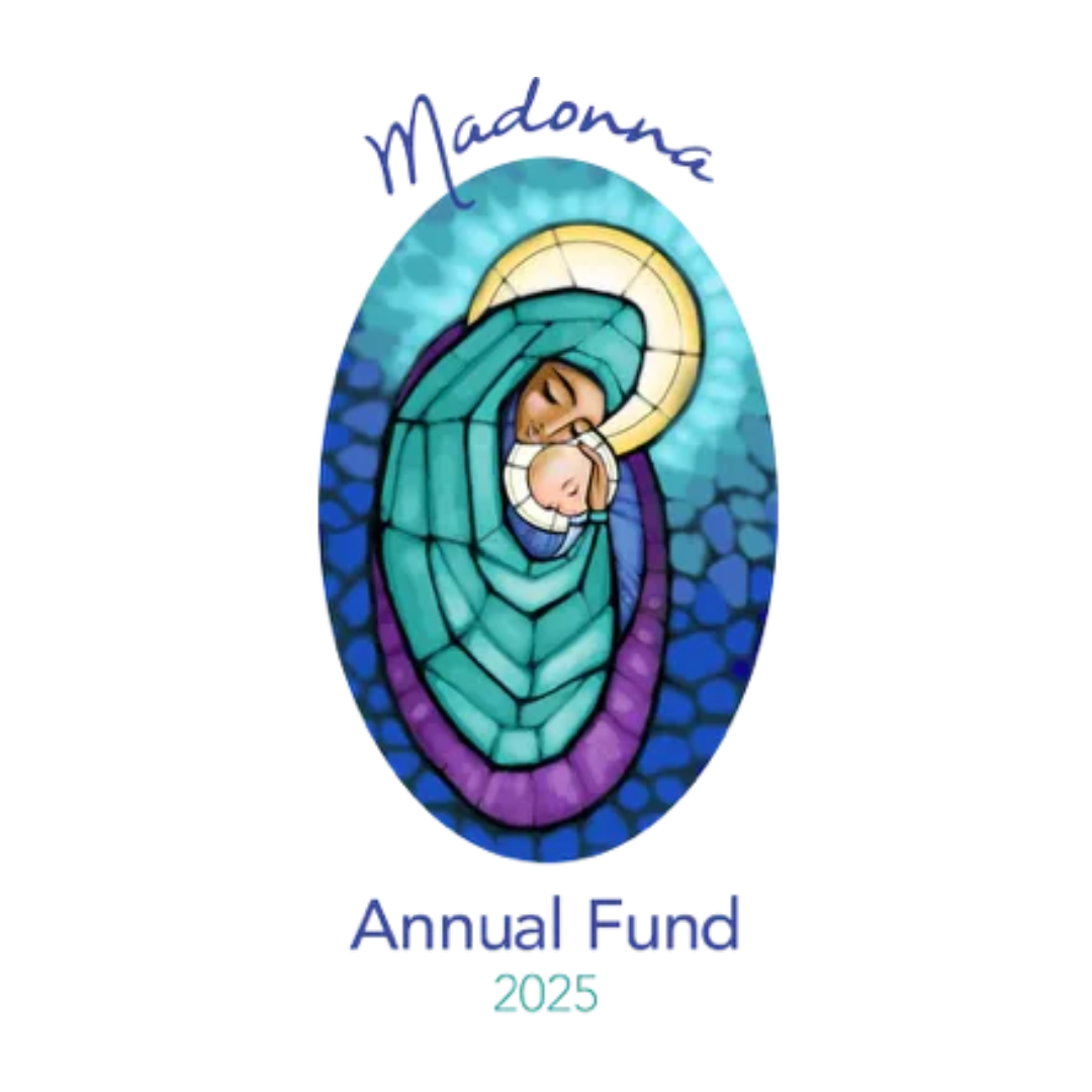 Madonna Annual Fund logo. Stained-glass style illustration of Mary and baby Jesus, inside a blue oval, with 