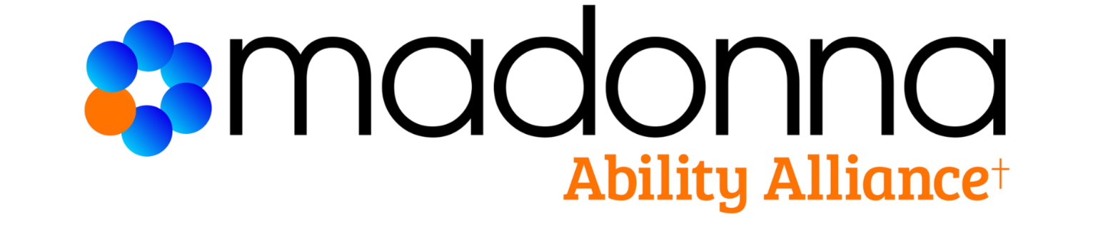Madonna Ability Alliance logo. Blue and orange circular graphic, with 
