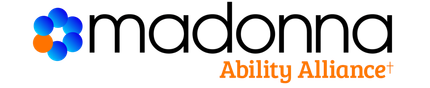 Madonna Ability Alliance logo. Blue and orange circular graphic, with 