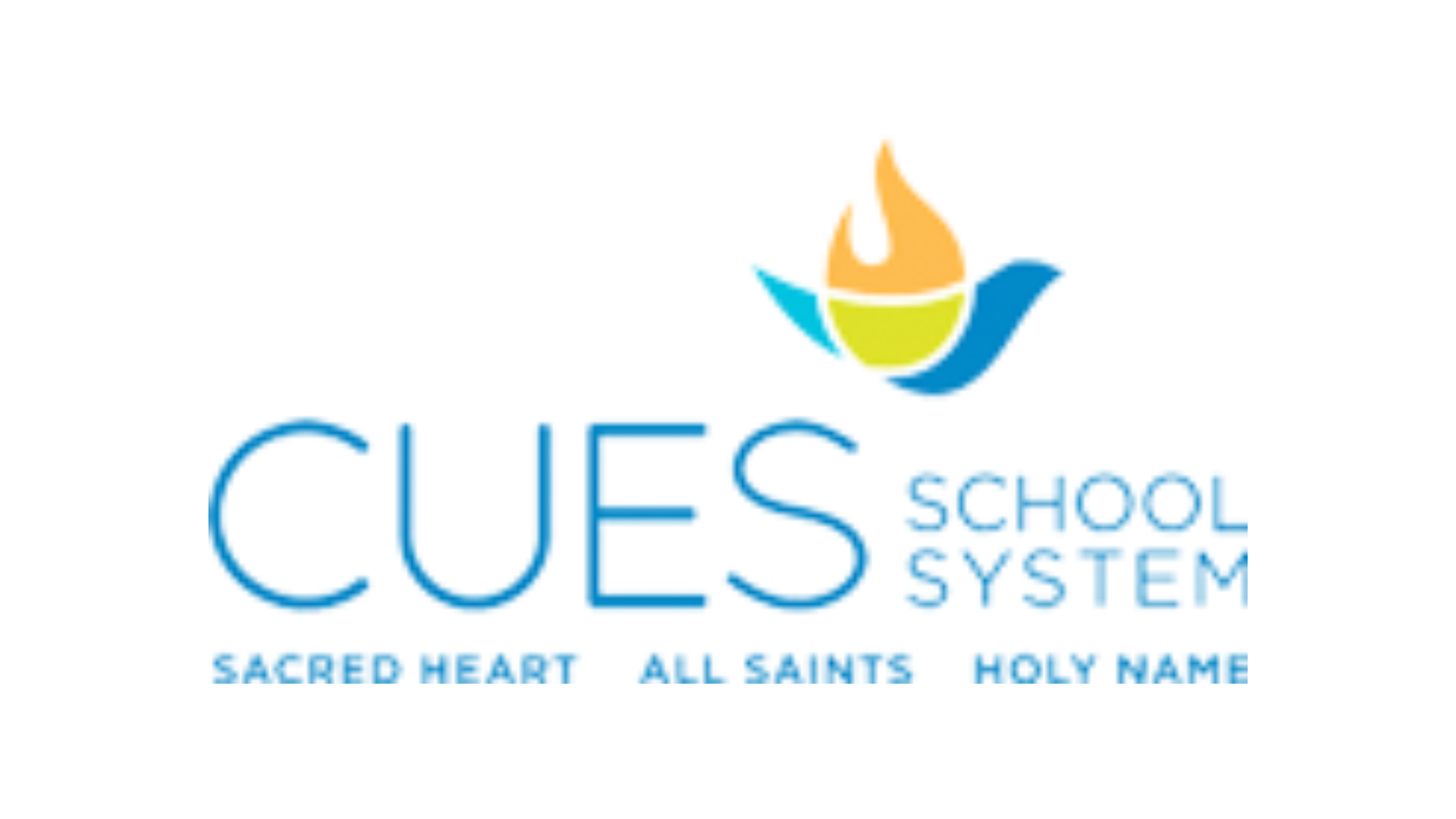 Logo for CUES School System: blue text, bird icon with flame, Sacred Heart, All Saints, Holy Name.