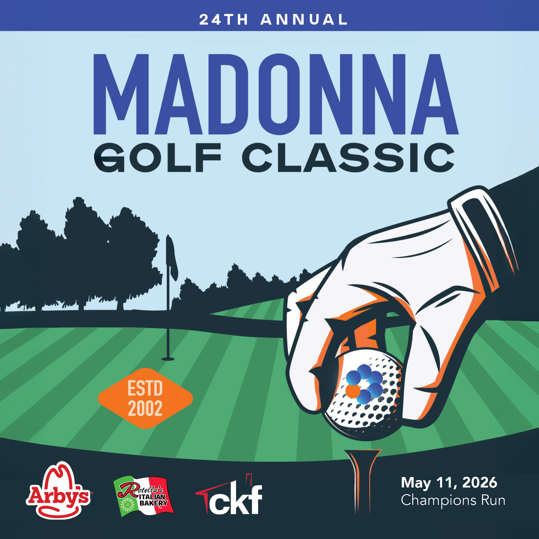 23rd Annual Madonna Golf Classic graphic. Text on blue, green, and white background with golf ball and hole.