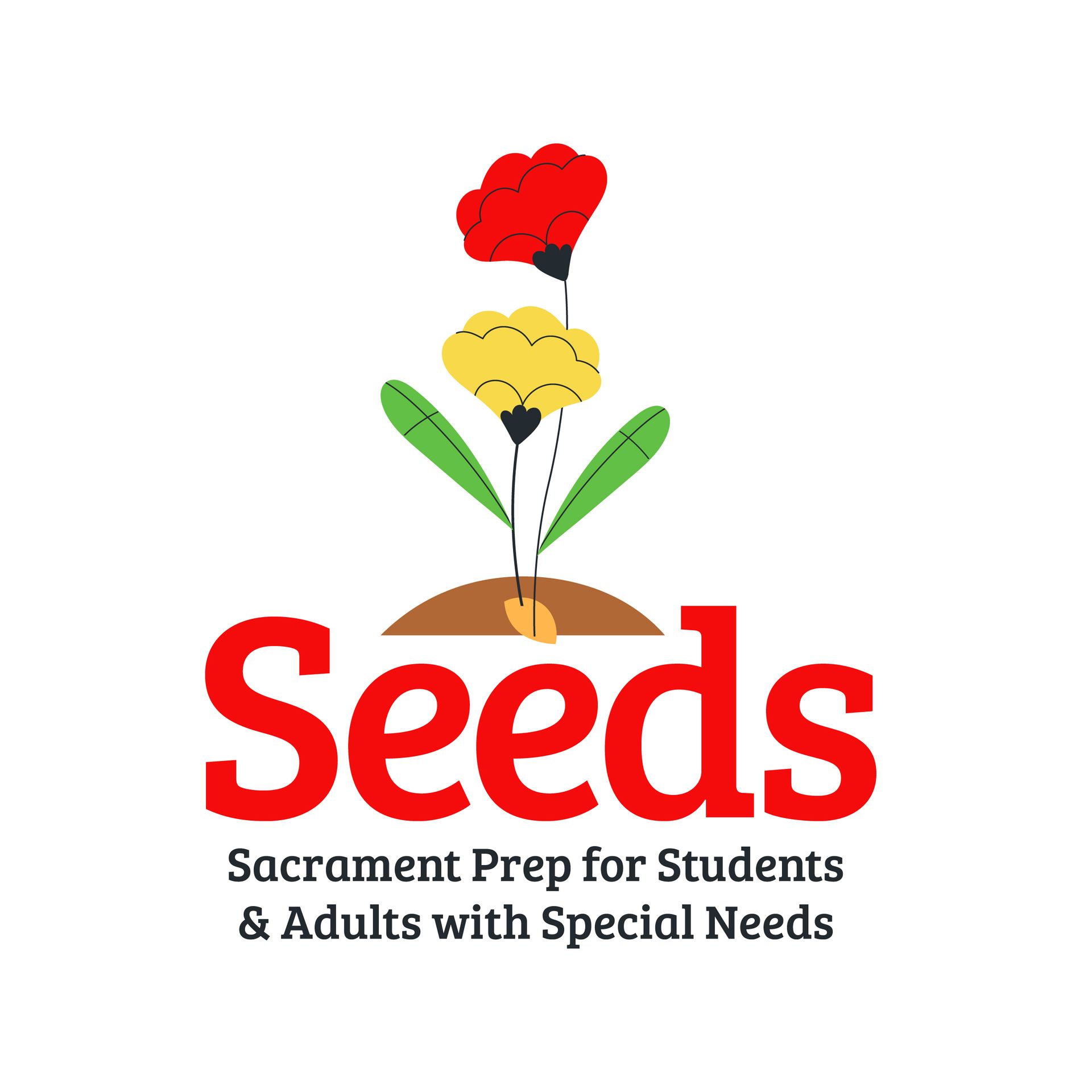 Clergyman and woman with Down syndrome, smiling, pose in church. They stand by pews near a wall with art.