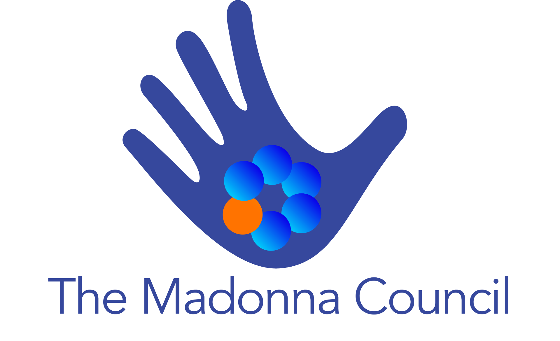Blue hand shape, with a circle of blue spheres and one orange sphere in the center. Text: The Madonna Council.