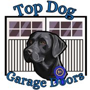 The logo for top dog garage doors shows a black dog