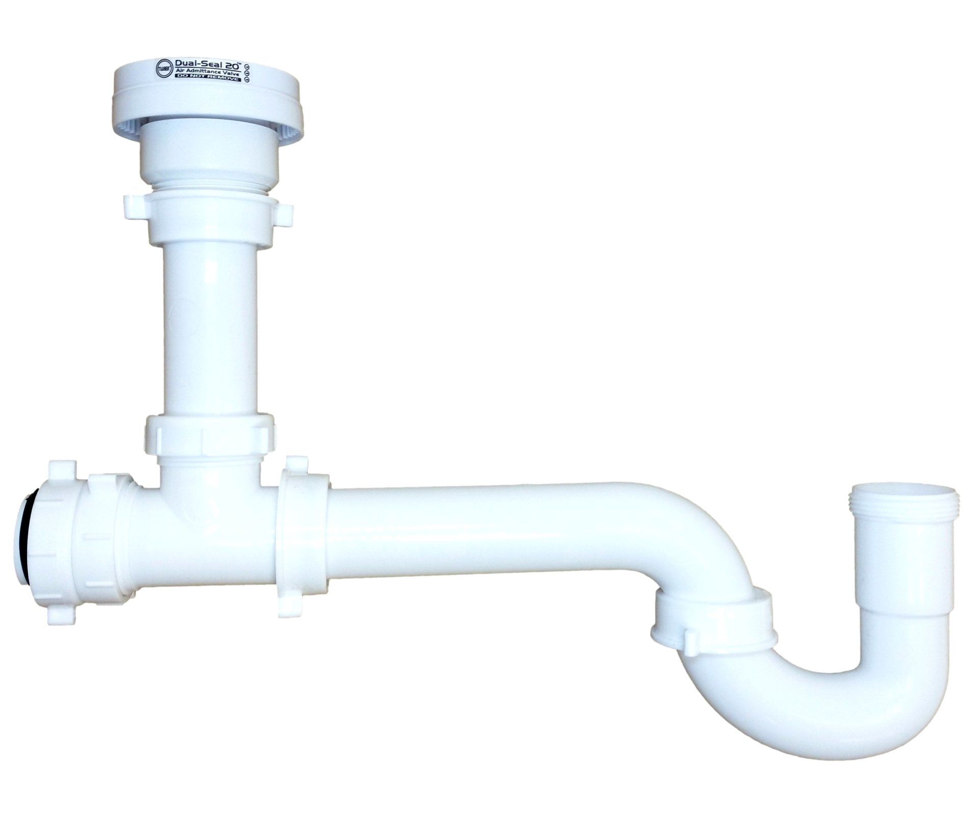 A white plastic pipe with a j shaped drain on a white background.