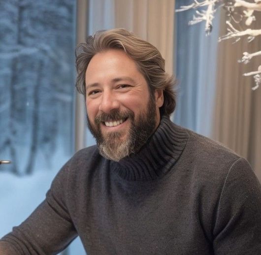 a man with a beard is wearing a turtleneck sweater and smiling