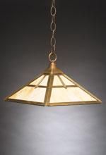Square, brass-colored pendant light with stained glass panels, hanging from a chain.