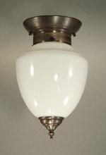 Ceiling-mounted light fixture with a white glass shade and bronze-colored metal accents.