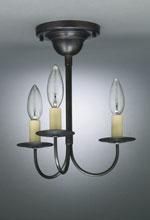 Black, three-light ceiling fixture with candle-shaped bulbs.
