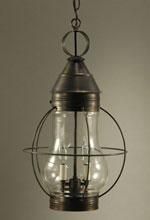 Antique-style hanging lantern with a clear glass globe surrounded by a dark metal cage and top.