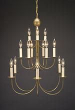 Gold chandelier with two tiers of candle-shaped lights against a dark background.