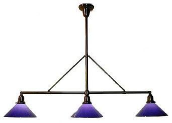 Three-light hanging fixture with purple conical shades and dark bronze finish.