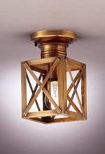 Brass-colored, square ceiling light fixture with an X-shaped grid design, with an exposed bulb.