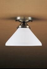 Ceiling-mounted light fixture with a white, conical shade and bronze-colored metal accents.