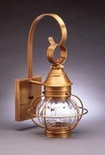Golden outdoor wall lantern with glass globe and curved arm.