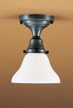 Ceiling-mounted light fixture with a bell-shaped, white glass shade and dark metal finish.