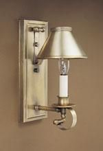 Brass wall sconce with a conical shade and decorative arm.