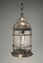 Brushed silver hanging lantern with seeded glass panels, suspended by a chain.