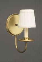 Brass wall sconce with white pleated lampshade.