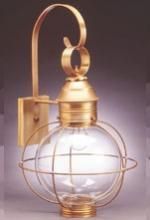 Golden outdoor wall lantern with spherical clear glass and protective cage.
