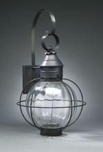 Black outdoor lantern with clear glass globe and metal frame.