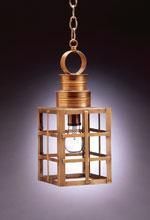 Bronze-colored pendant light with a cage-like shade, hanging from a chain, against a gradient background.