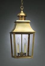 Brass hanging lantern with two candle-shaped bulbs.
