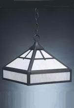 Square pendant light fixture with frosted glass panels and dark metal frame, hanging from a chain.