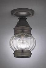 Ceiling-mounted light fixture with clear, ribbed glass globe and bronze-toned metal hardware.