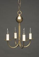 Brass chandelier with four candle-shaped lights, suspended from a chain.