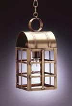Brass pendant light fixture with a rectangular cage and a single exposed bulb.