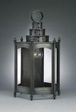 Black metal lantern with clear glass panels, decorative top, and circular handle.