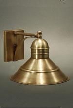Brass-colored wall-mounted light fixture with a conical shade and rectangular backplate.