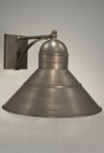 Metal outdoor wall light with a cone-shaped shade and a straight arm extending from the square wall mount.