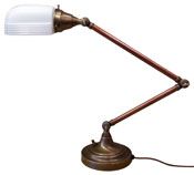 Desk lamp with a white glass shade and brass-colored, adjustable arm.
