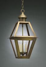 Gold-toned outdoor hanging lantern with glass panels and two light bulbs; chain attached to top.