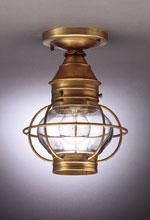 Ceiling-mounted brass nautical lantern with a caged glass globe.