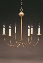 Gold-toned chandelier with six candle-shaped lights against a dark background.