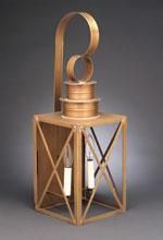 Golden lantern with candle-like lights and decorative loop on top; it's mounted on a gray background.