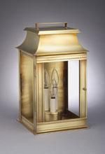 Brass outdoor lantern with a handle, glass panels, and two electric candle lights.